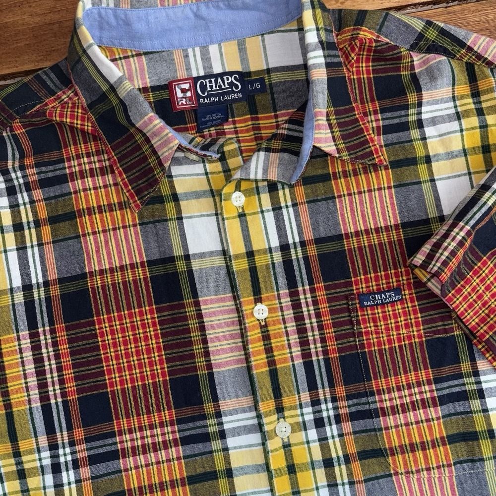 Vintage Ralph Lauren Chaps Mens Large‎ Shirt Short Slv Button Multicolor Plaid